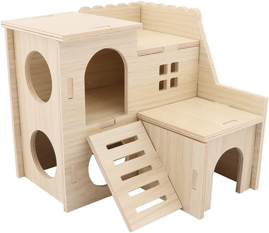 Tiny Hamster Maze Wood House Fun Slide House Double-Decker Hut for Dwarf Gerbil Mouse Mice Rat Small Animals(Only for Small Hamster)