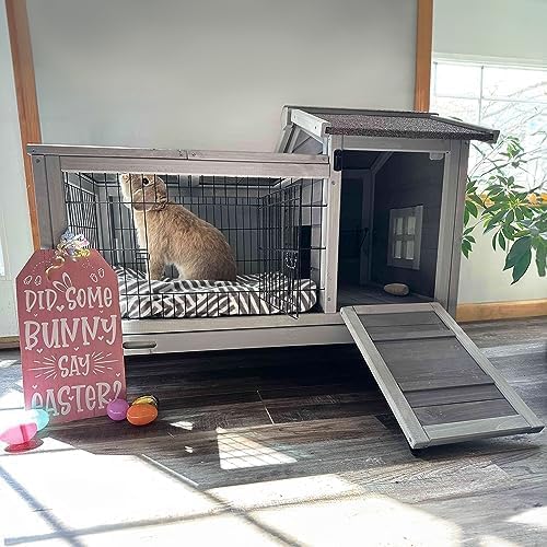 Aivituvin Wooden Rabbit Hutch with Removable Wire Floor Grid, Bunny Cage with Deeper Leakproof Tray 4 Wheels Include