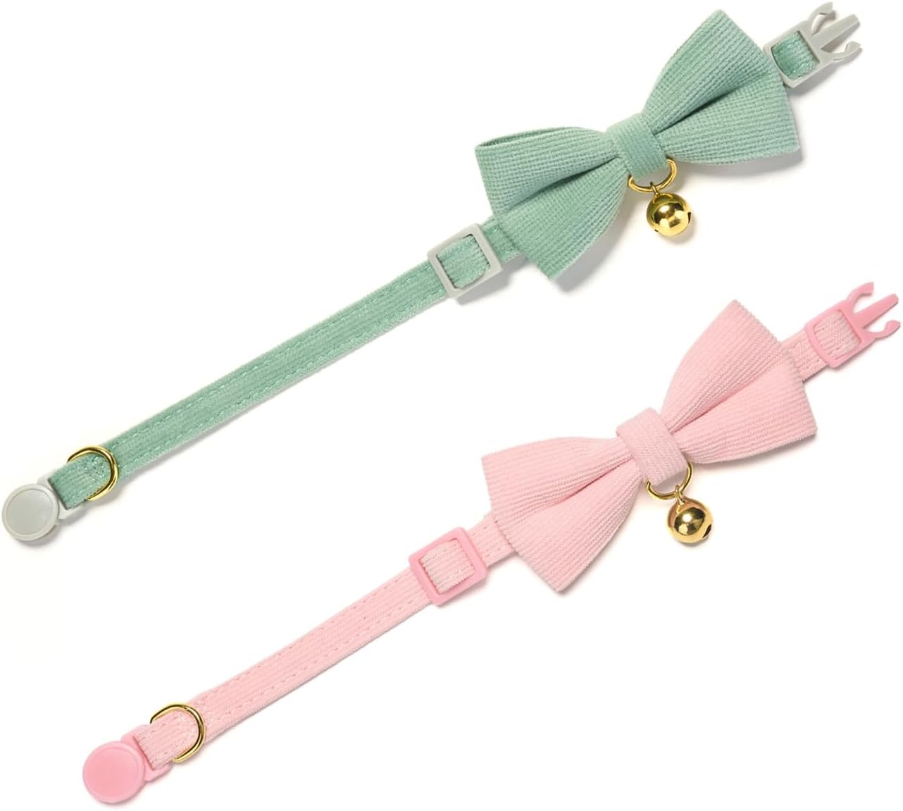 2 Pack Soft Corduroy Cat Collars with Bow Tie & Bell, Adjustable Breakaway Cotton Kitty Bowtie Collar for Female Male Cats(Grass Green & Pink)