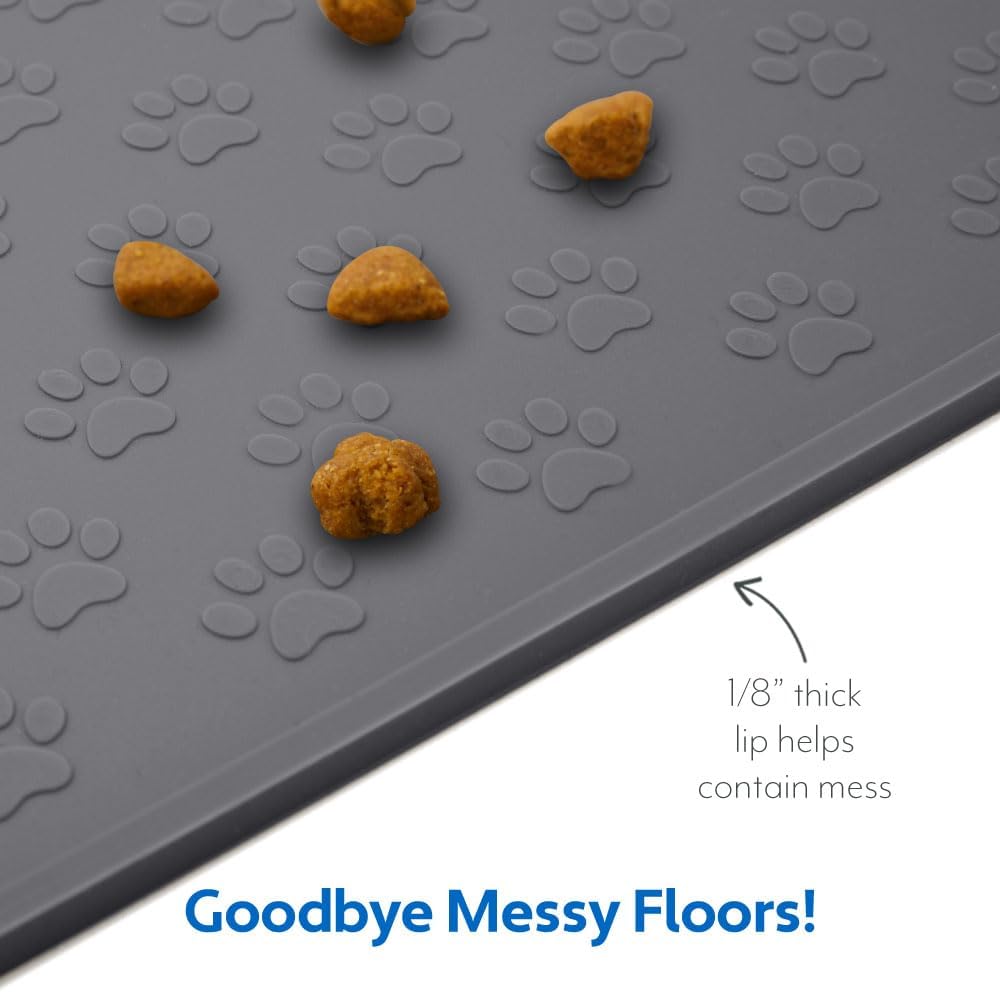 MIGHTY MONKEY 100% Waterproof Dog Food Mat, Raised Edges Silicone Pet Feeding Placemat for Cat, Dogs, Pet Bowls, High Lipped Tray Prevents Water Spills, Food on Floor, Dishwasher Safe, 22x14, Gray