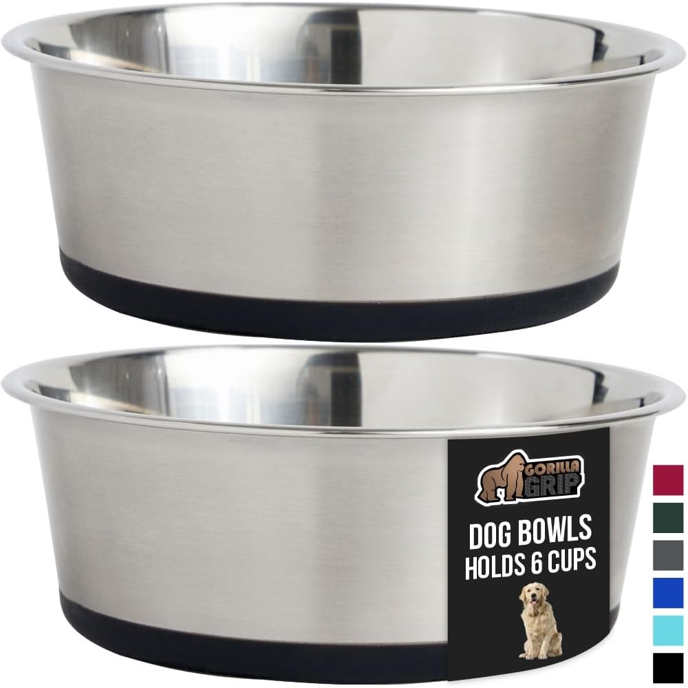 GORILLA GRIP Set of 2 Dog Bowls, Holds 6 Cups (48 fl oz), Heavy Duty Metal Food and Water Bowl for Feeding Dogs and Cats, Dishwasher Safe, Rust Resistant Stainless Steel, BPA Free Rubber Base, Black