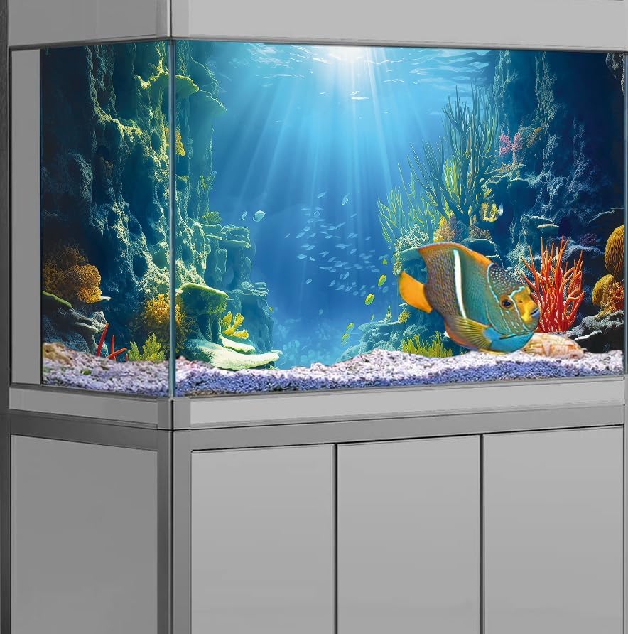 24X12IN Blue Sea Floor Aquarium Background, Natural Underwater World 3D Effect Fish Tank Decorations Background, Art Terrarium Background with 8 EVA Double-Sided Tape