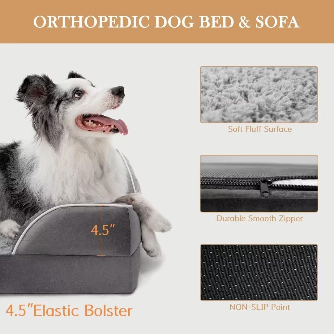 Comfort Expression Large Dog Beds Waterproof Orthopedic Foam Dog Beds for Large Dogs Sofa Comfy Pet Bed with Washable Removable Cover & Non-Slip Bottom(Grey)
