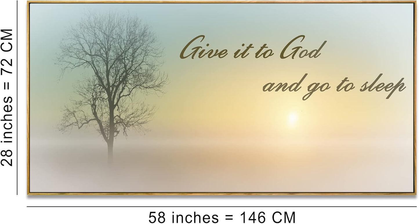 Lasdel Natural Extra Framed Canvas Wall Art of Misty Sunset & Tree Plant Picture For Bedroom Home Above Bed,White Country Wood Sign For Bathroom,Give It To God & Go to Sleep Artwork Decor,30x60