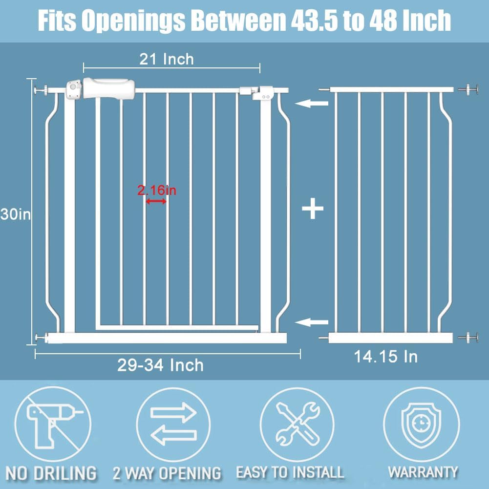 Safety Baby Gates for Doorway Stairs 43.5-48 Inch Extra Wide Child Gate for Kid Pet Dog Gate Indoor Pressure Mounted No Drill Baby Gate White