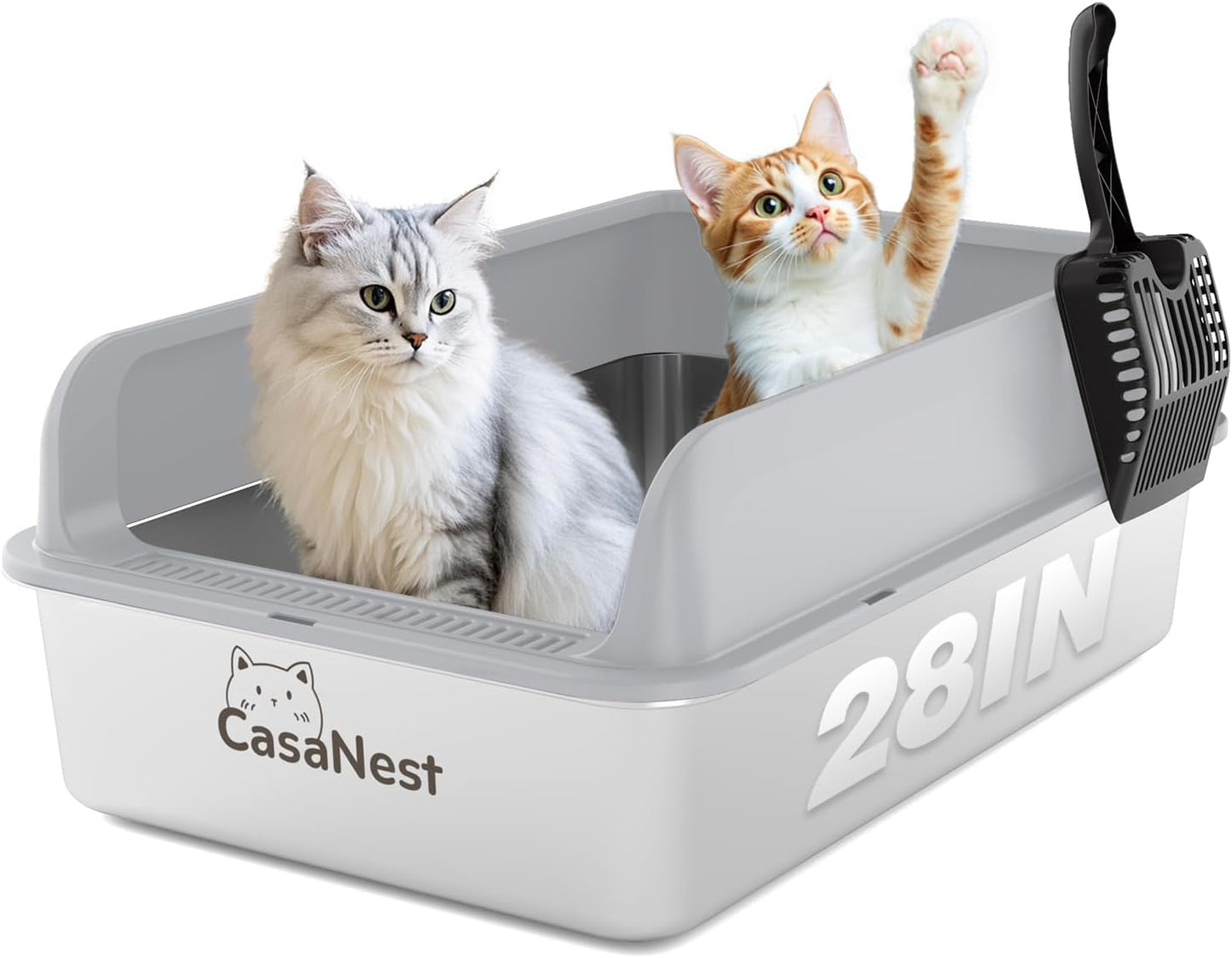 XXXL Stainless Steel Cat Litter Box 28.1''×20.5'' × 10.1” Extra Large Metal Cat Litter Box for Big, Multi Cats, Anti-Leakage & Non-Stick Metal Pan, Easy to Clean, Durable (Light Grey