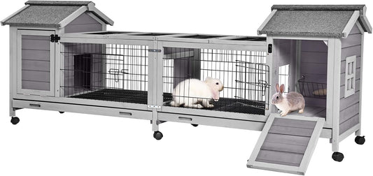 Wooden Rabbit Hutch with Wheels, Indoor Outdoor Bunny Cage with Removable Netting, Guinea Pig House with Leak-Proof Trays