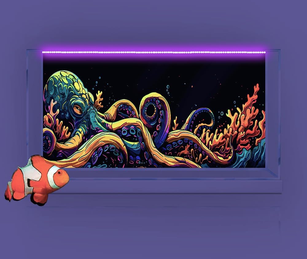60X24IN Blacklight Octopus Sea Monster HD 3D Black Light Aquarium Background UV Reactive Background Terrarium Background with 10 EVA Double-Sided Tape