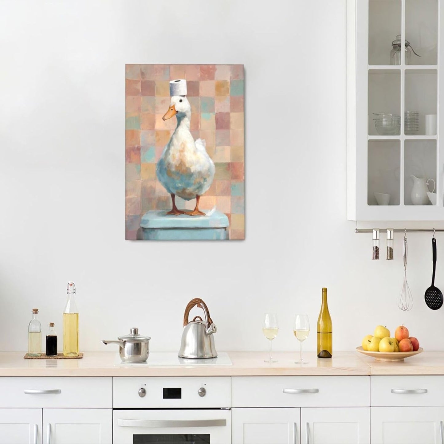 Funny Duck Bathroom Wall Art Cute Duck on Toilet Canvas Wall Decor Funny Quirky Farm Animal Pictures Painting Print Framed Artwork Decorations Gifts for Bathroom 16"x24"