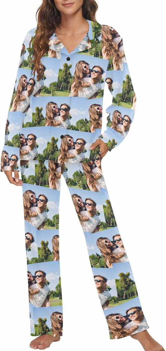 MyPupSocks Custom Face Pajamas for Women Set, Personalized Photo Long Sleepwear XS-XXL