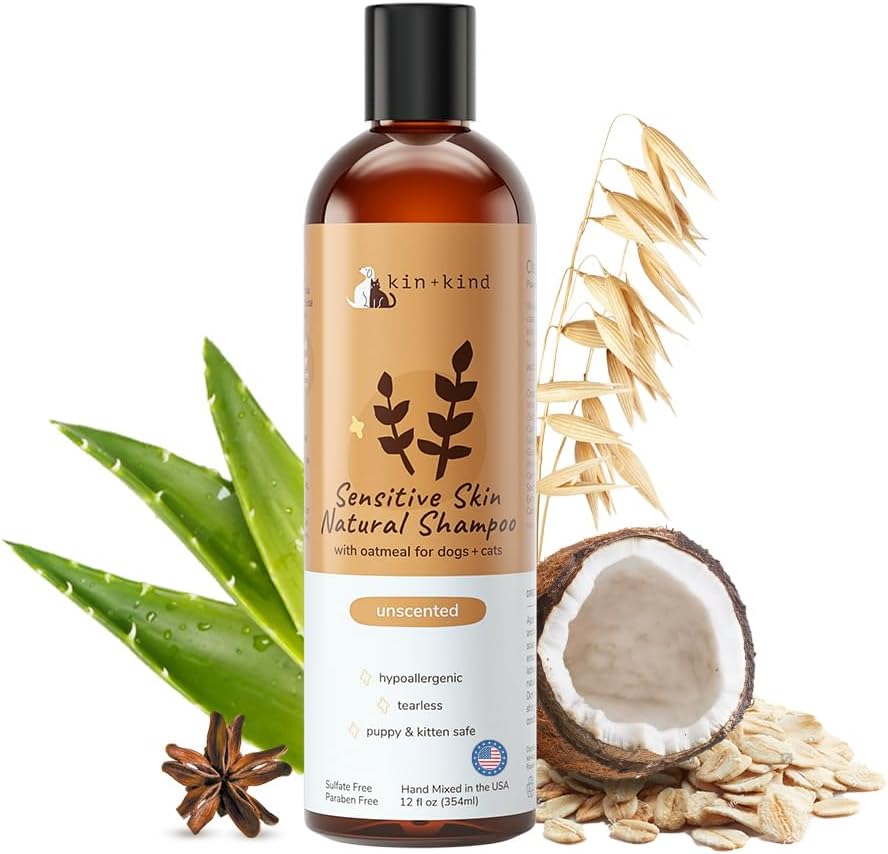 Oatmeal Shampoo for Dogs and Cats by kin+kind - Cat & Dog Shampoo for Sensitive Skin with Colloidal Oatmeal - Safe, Natural Formula with Olive Oil and Coconut Oil (12 fl oz) - Made in USA