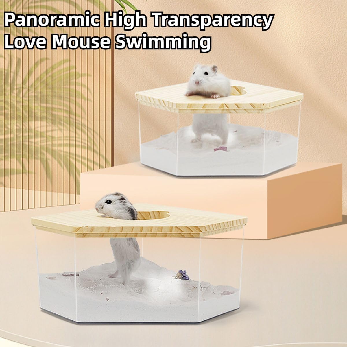 Hamster Sand Bath Box Container, Small Pet Sandbox Lid Design Take Bath Wooden Sandbox Dust Bath, Transparent Bathroom & Digging Box Acrylic Syrian Hamster Litter Box Small Animal Accessories (B)
