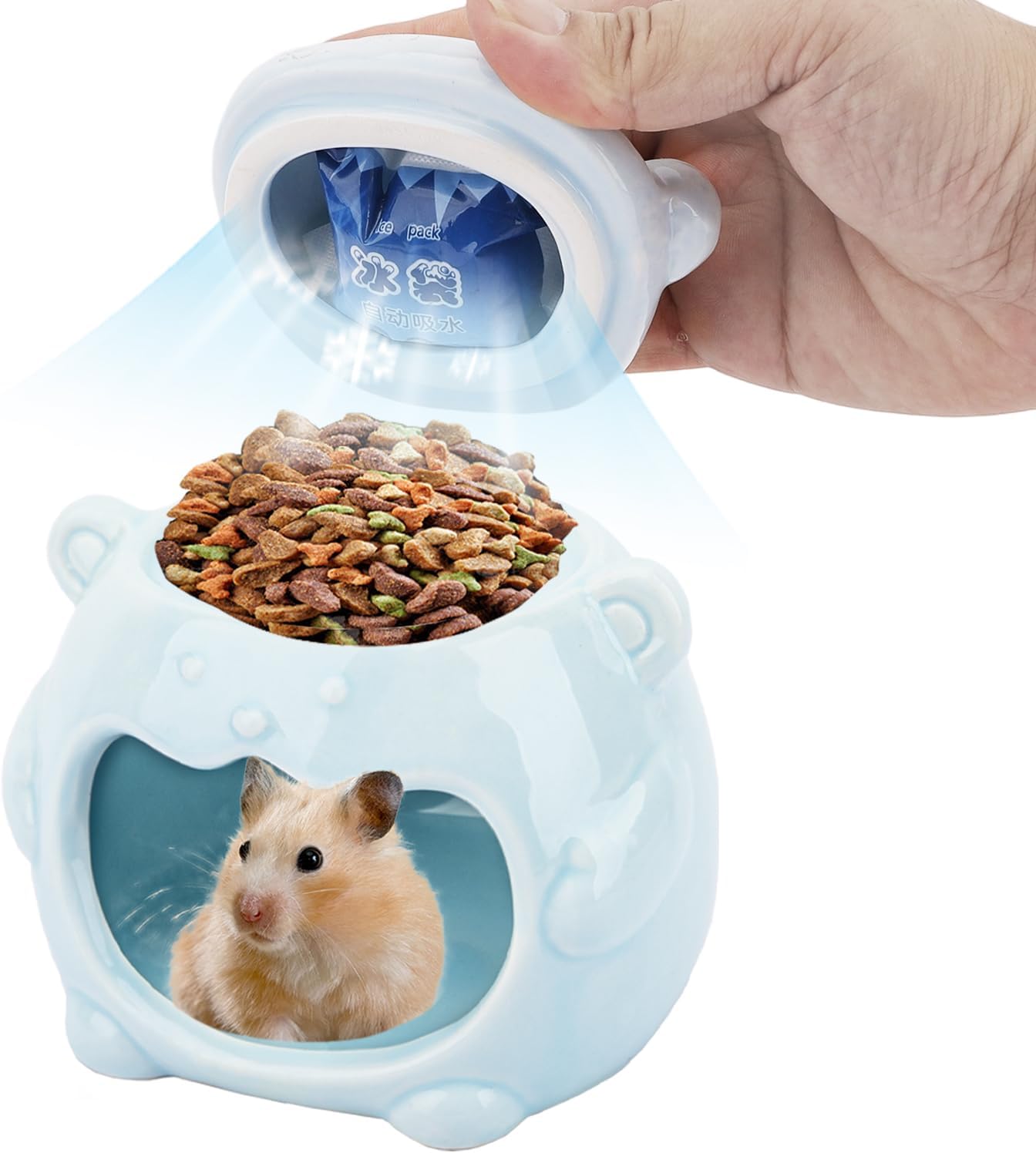 3-in-1 Bear Shaped Ceramic Hamster House - Cool House for Syrian Dwarf Hamsters, Mice, Gerbils， Small Pets, Top for Hamster Food, Removable Lid for Ice Packs, Cute Cool Hideout for Summer（Blue）