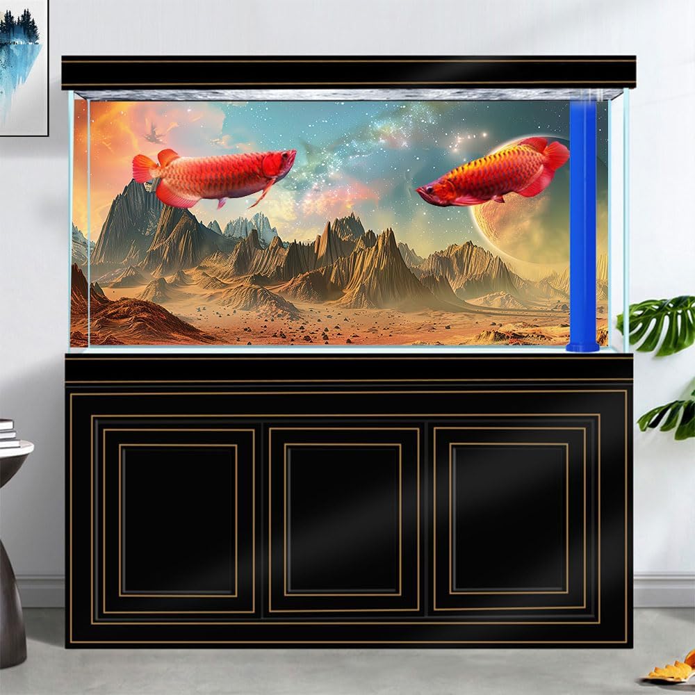 Cosmic Aquarium Background,Cool Galaxy Parallel Space Themed Fish Tank Background, Tropical Desert Terrarium Background 36X20IN with 8 EVA Double-Sided Tape