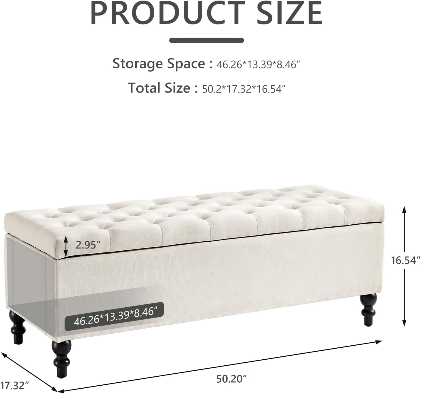 Ottoman with Storage,50.2-inch Upholstered End of Bed Storage Bench for Bedroom,for The Living Room,for Entryway, with Button and Safety Hinges,Detachable (White)