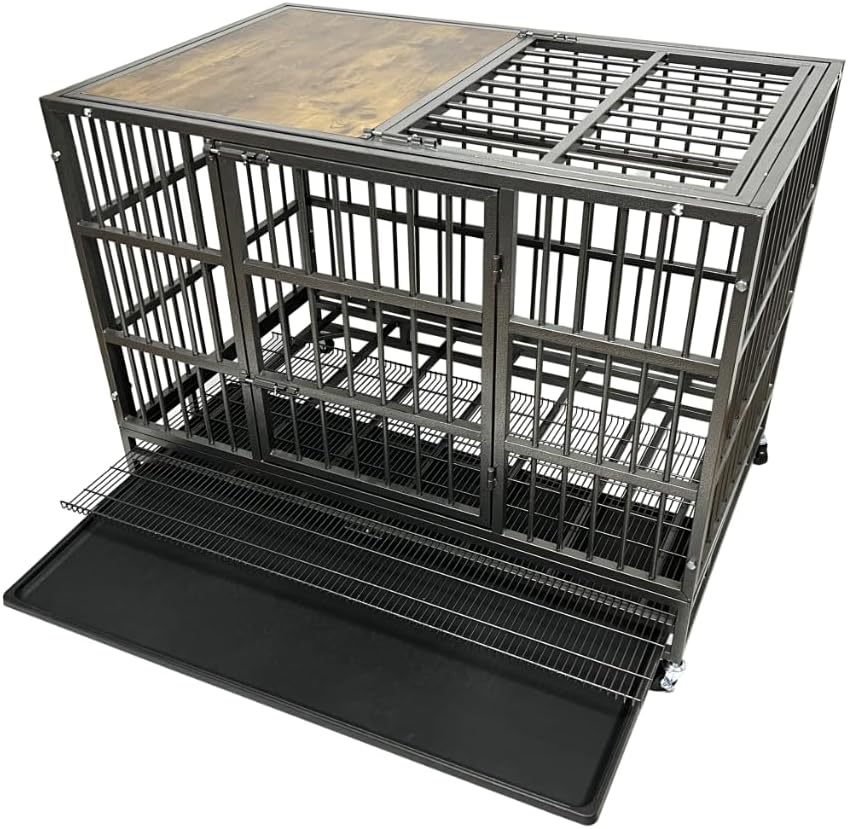 54/48/42/38 Inch Heavy Duty Dog Crate Cage with Wheels, Indestructible and Escape Proof Steel Kennel Indoor for High Anxiety Dogs with Sturdy Locks, Double Door and Tray, Extra Large XL XXL