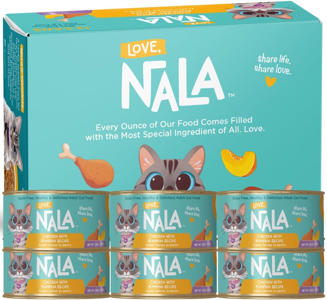 LOVE, NALA - Natural Adult Cat Wet Food - FLAKED Chicken with Pumpkin in Broth - Grain Free, Non-GMO, Digestive Fiber, Vitamins, Minerals - 12 Pack 2.4 lbs.