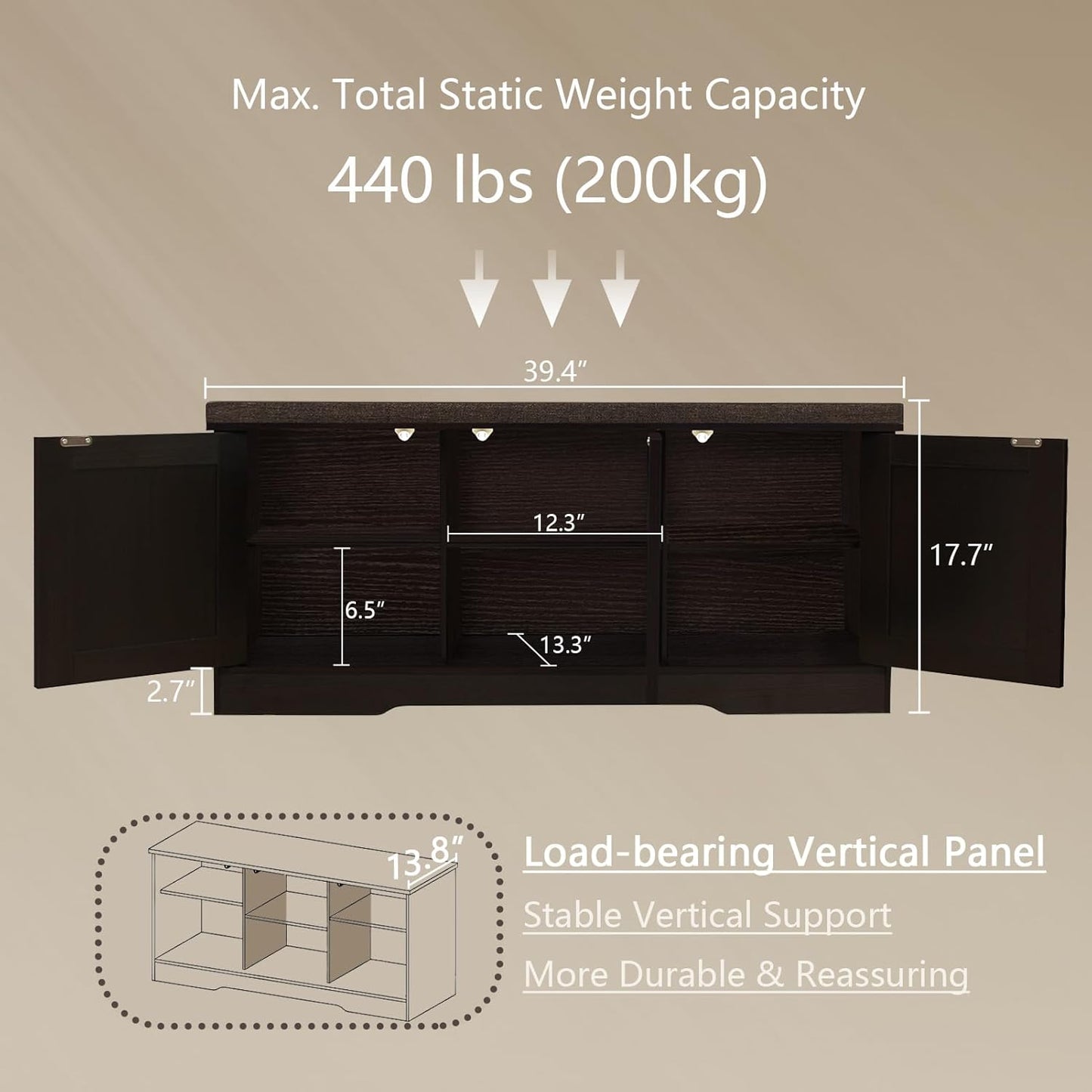 DINZI LVJ Shoe Bench, Entryway Storage Bench with Doors, Cushion, 2-Tier Shoe Rack with 6-Cubby, 39.4”L x 13.8”W Shoe Organizer Cabinet, Adjustable Shelf, Living Room, Bedroom, Espresso