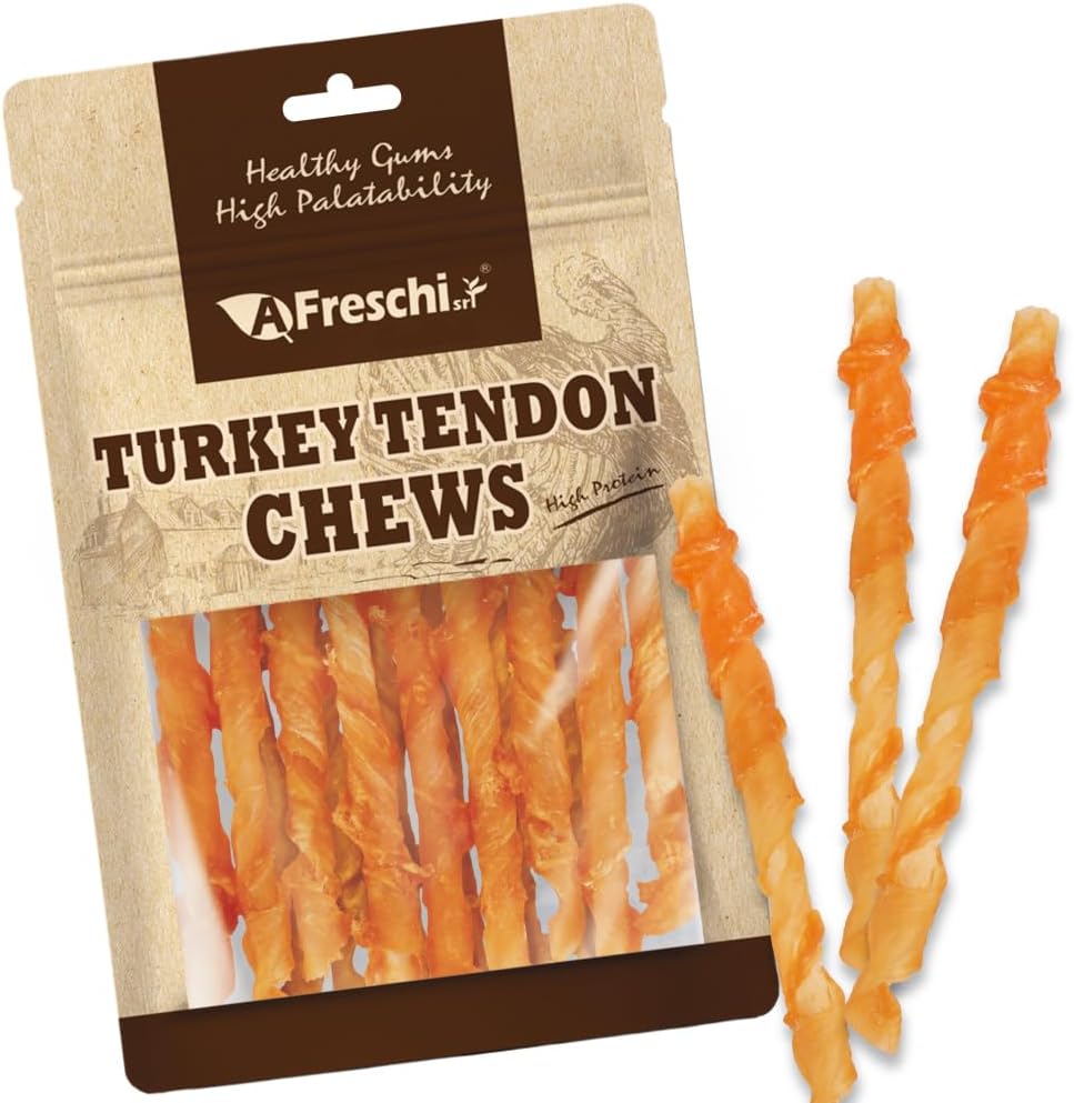 AFreschi Turkey Tendons for Dogs, USA-Sourced, Healthy Dog Treats, Rawhide-Free Puppy Chews, Long Lasting, All Natural, Hypoallergenic Dog Treats, Classic Series, Coil (L), 3 oz Pack
