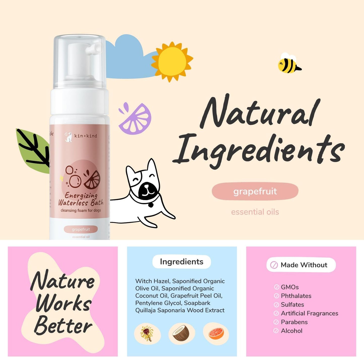 kin+kind Waterless Dry Shampoo for Dogs - Rinse-Free, Eliminate Itch and Odor, Natural Formula with Witch Hazel, Coconut Oil, Olive Oil and Grapefruit - Made in USA