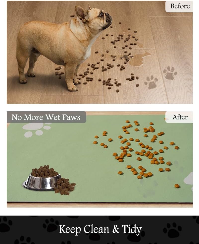 Pet Feeding Mat-Absorbent Dog Mat for Food and Water Bowl-No Stains Quick Dry Water Dispenser Mat-Dog Accessories Pet Supplies-Bowl for Messy Drinkers（Green,17"x28"