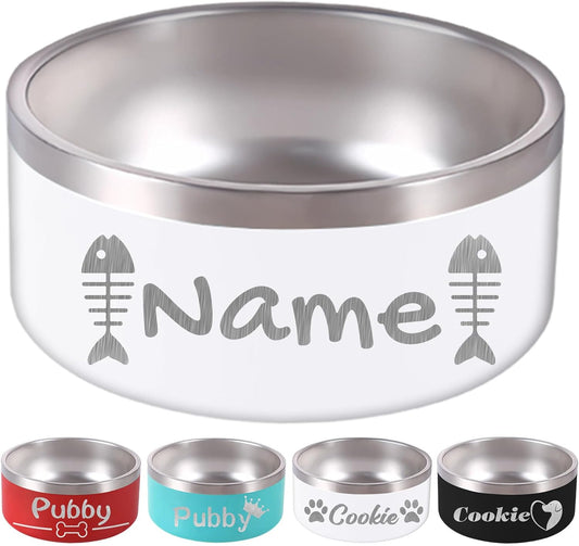 32OZ Personalized Dog Bowl Laser Engraved Custom Pet Name 18/32/42/64 oz No Slip Stainless Steel Insulated Bite-Resistant Food Water Dishes-White