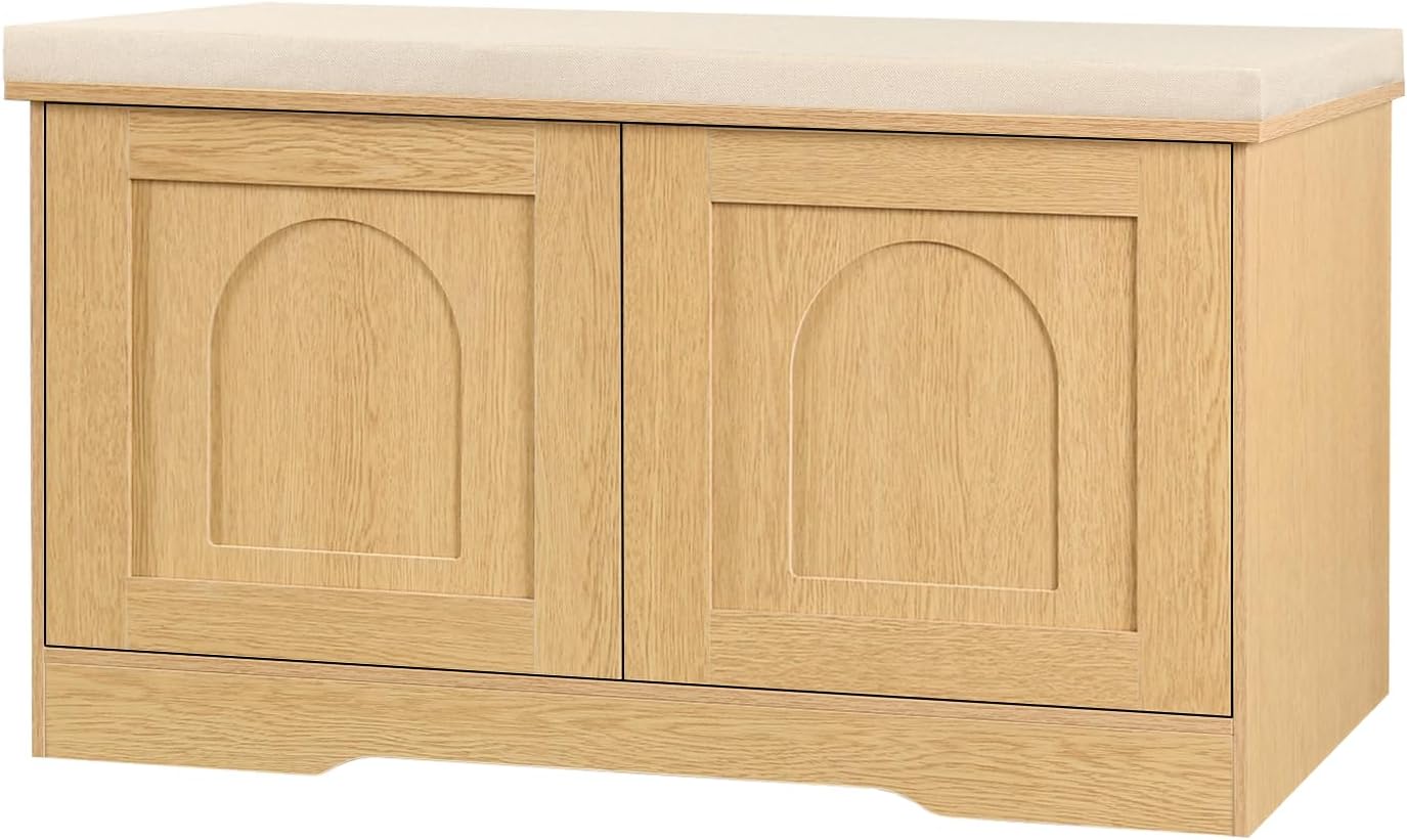 DINZI LVJ Shoe Bench, Entryway Storage Bench with Doors, Cushion, 2-Tier Shoe Rack with 6-Cubby, 31.5”L x 13.8”W Shoe Organizer Cabinet, Adjustable Shelf, Living Room, Bedroom, Natural