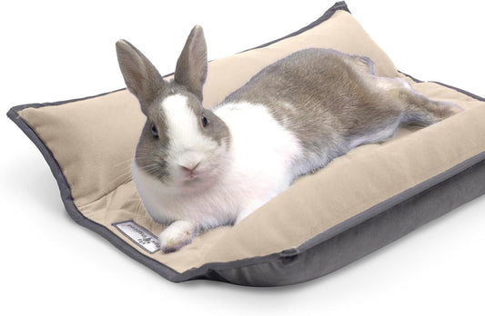 Paw Inspired Snuggle Bunny Bolster Bed for Rabbits, Cats, Dogs and Other Small Pets, Reversible Fleece Flop Bedding with Padded Sides (Gray/Beige)