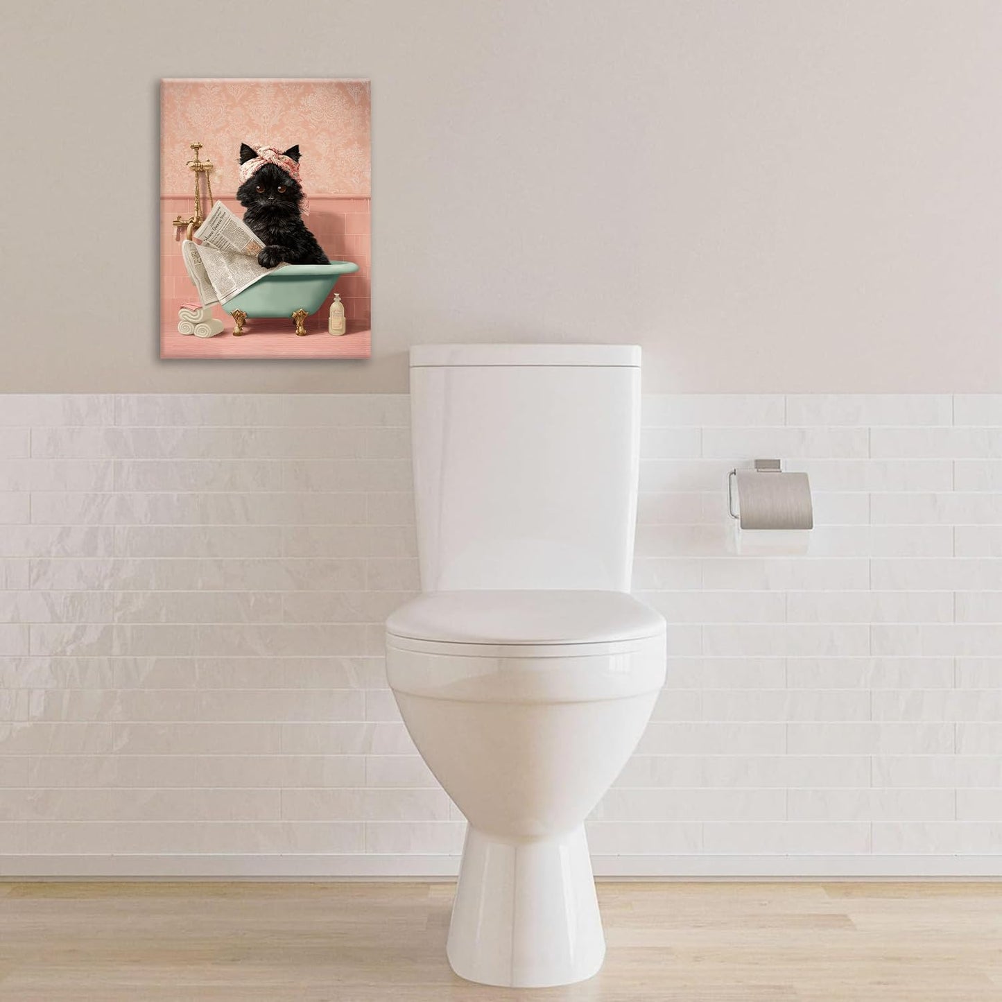 Cat Bathroom Wall Decor Black Cat Reading Newspaper in Bathtub Canvas Wall Art Funny Bathroom Pictures Kitten Painting Print Pink Artwork Framed Decorations Gifts 16"x20"