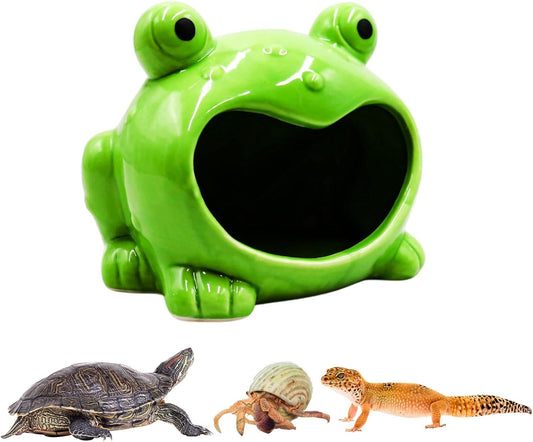 Reptile Tank Accessories – Ceramic Cartoon Frog Hideout with Open-Mouth Entrance, Cute Habitat Shelter for Hermit Crabs, Tortoises, Geckos, Tarantulas & Small Reptiles