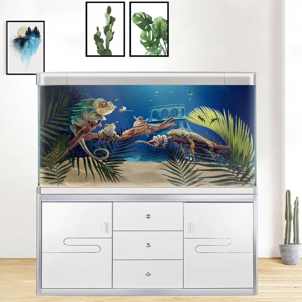 24X16IN Natural Underwater Aquarium Background, Pictures 3D Fish Reef Fish Tank Decoration Background, with 8 EVA Double-Sided Tape