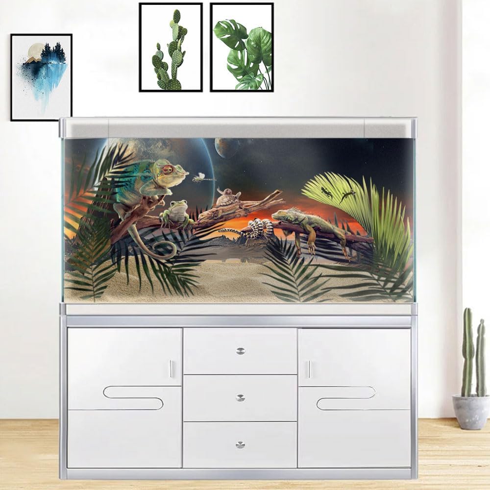 36X20IN Cosmic Aquarium Background, Cool Parallel Space Themed Fish Tank Background, Tropical Desert Terrarium Background with 8 EVA Double-Sided Tape