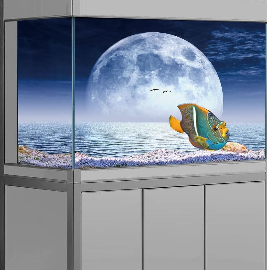 Moon Aquarium Background,Cool Sea Galaxy Parallel Space Themed Fish Tank Background, Cool Terrarium Background 48X24IN with 8 EVA Double-Sided Tape
