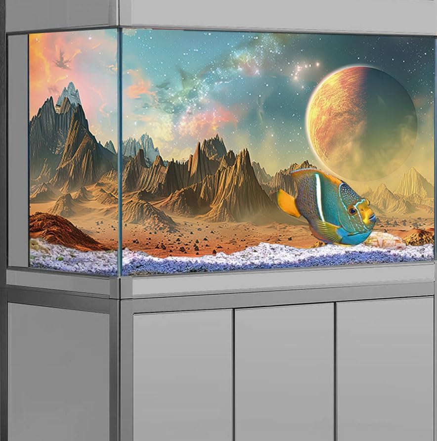 Cosmic Aquarium Background,Cool Galaxy Parallel Space Themed Fish Tank Background, Tropical Desert Terrarium Background 24X16IN with 8 EVA Double-Sided Tape