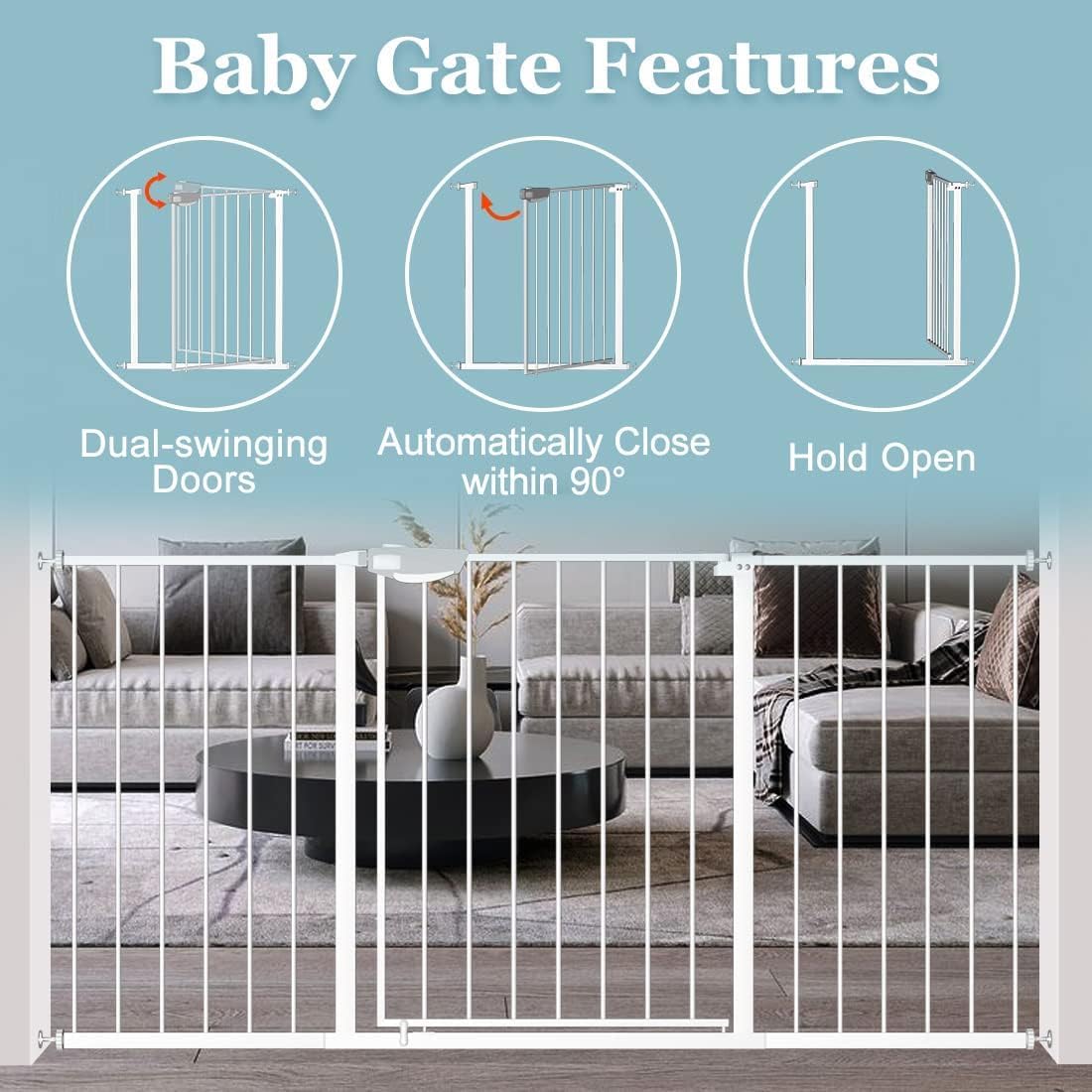 WAOWAO Triple Lock 49.21-66.54" Baby Gate Extra Wide Pressure Mounted Walk Through Swing Auto Close Safety White Metal Dog Pet Puppy for Stairs,Doorways,Kitchen