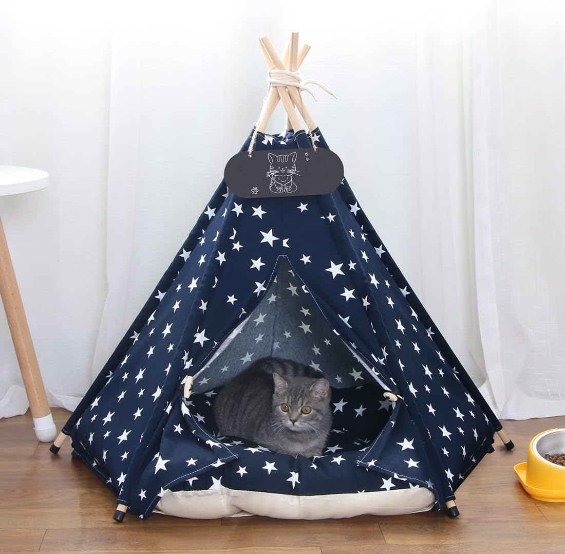Pet Teepee Tent for Dogs & Cats Dog Bed with Thick Cushion Puppies Play House Removable and Washable 20x20x24Inch