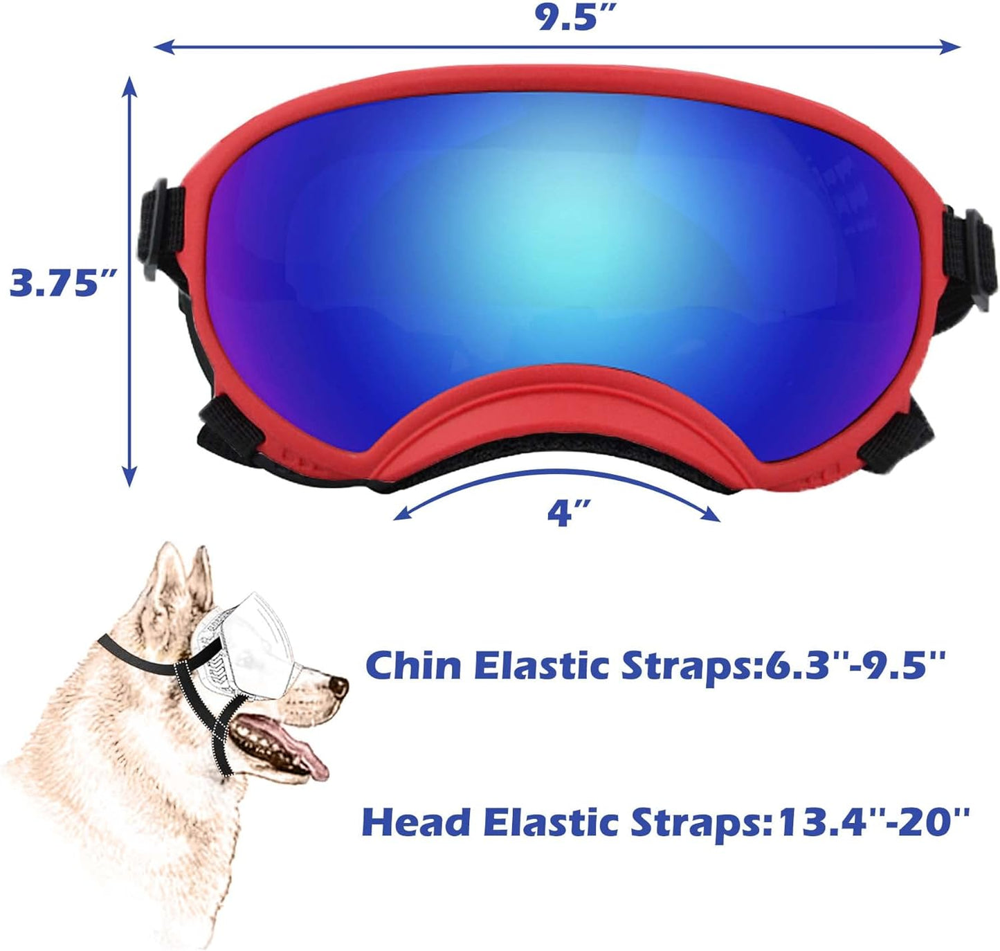 Large Dog Sunglasses with Adjustable Strap UV Protection, Winproof Puppy Sunglasses, Suitable for Medium-Large Pet Glasses, Dogs Eyes Soft Goggles, RedBlue