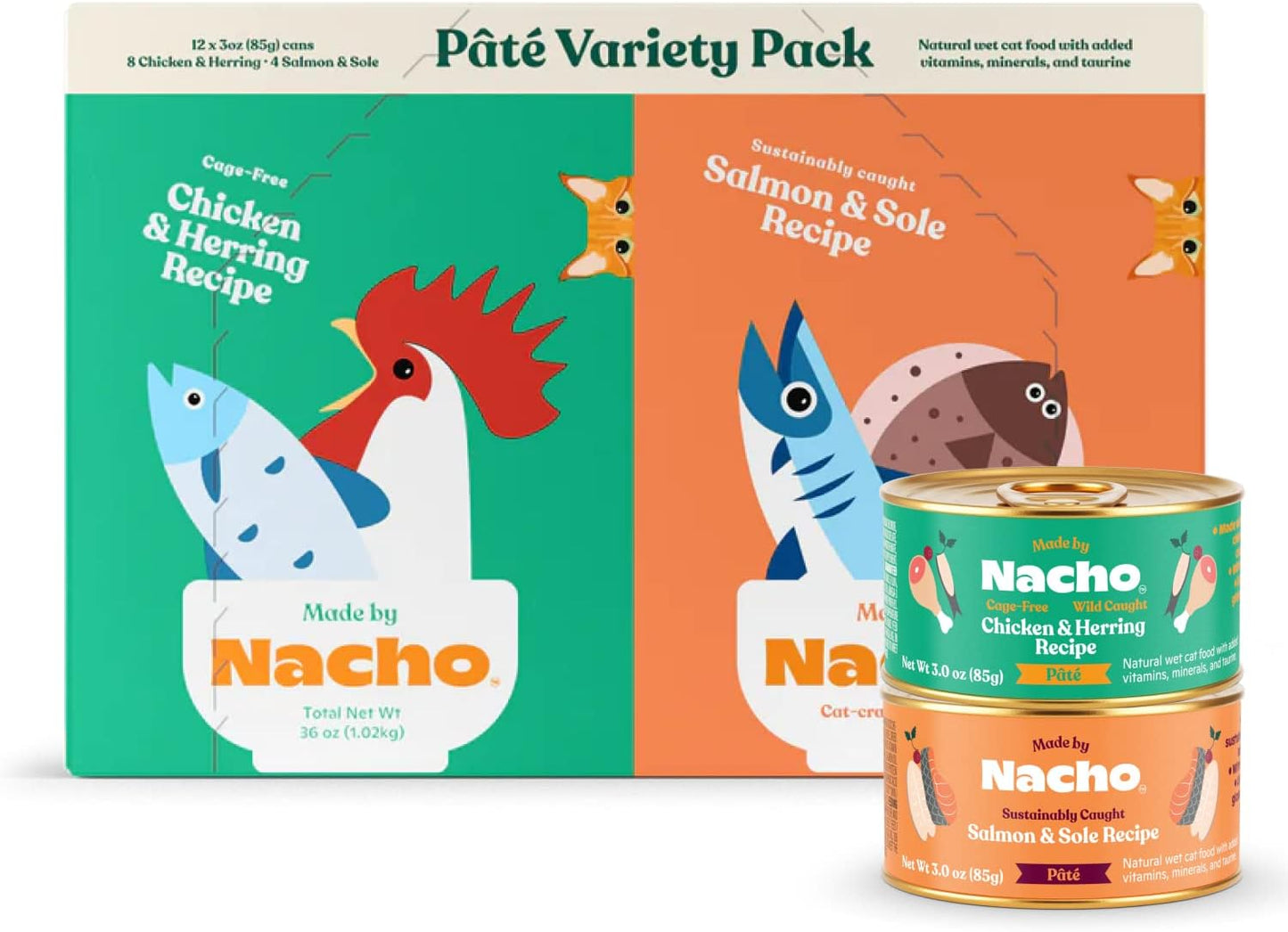 Made by Nacho Pate Wet Cat Food Variety Pack, Chicken & Herring and Salmon & Sole, 3 Ounce Cans, Grain-Free Canned Pet Food, Bone Broth Infused for Hydration, 12 Pack