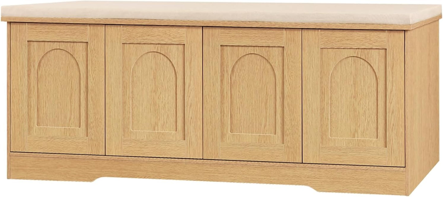 DINZI LVJ Shoe Bench, Entryway Storage Bench with Doors, Cushion, 2-Tier Shoe Rack with 8-Cubby, 47.2”L x 13.8”W Shoe Organizer Cabinet, Adjustable Shelf, Living Room, Bedroom Natural