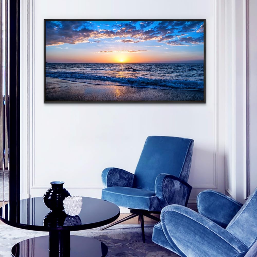 Wapluam Black Framed Wall Decor For Bedroom Large Canvas Wall Art For Living Room Office Wall Decorations Blue Ocean Wall Painting Sea Beach Seascape Pictures Fashion Artwork Hotel Room Home Decor