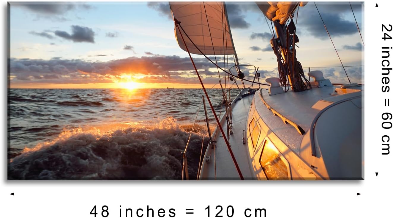 Yacht Sailing in Sea at Sunset Scenery Canvas Wall Art for Living Room Bathroom,Close-up View of Deck Mast Sails Picture Print Artwork Painting Decor,Epic Seascape Scenic Landscape,Inner Frame 24x48