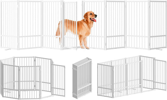 Full Metal Freestanding Dog Gate with Door, 32''Height Foldable Pet Dog Fence for Indoor & Outdoor, 8 Panels Extra Wide Free Standing TallDog Gates for Doorways,House,Stairs,Porch,Deck,Yard