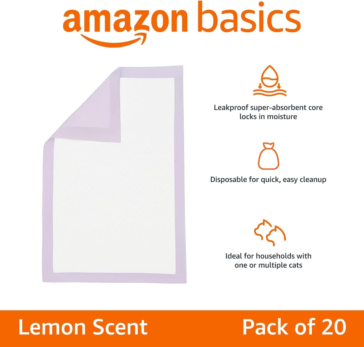 Amazon Basics Cat Litters Pee Pads, 20 Count, Universal Fit for Litter Box, Odor Control with Lemon Scent, Purple and White