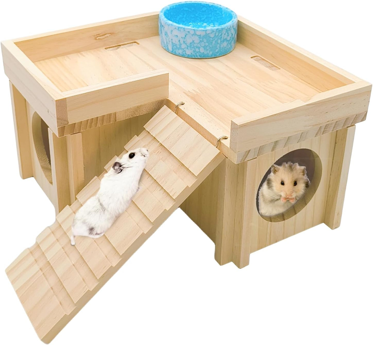 Wooden Hamster Hideout Hamster Wood House with Ladder Hides Platform Decor Detachable Small Animals Cage Accessories for Rat Gerbils and Other Small Pets