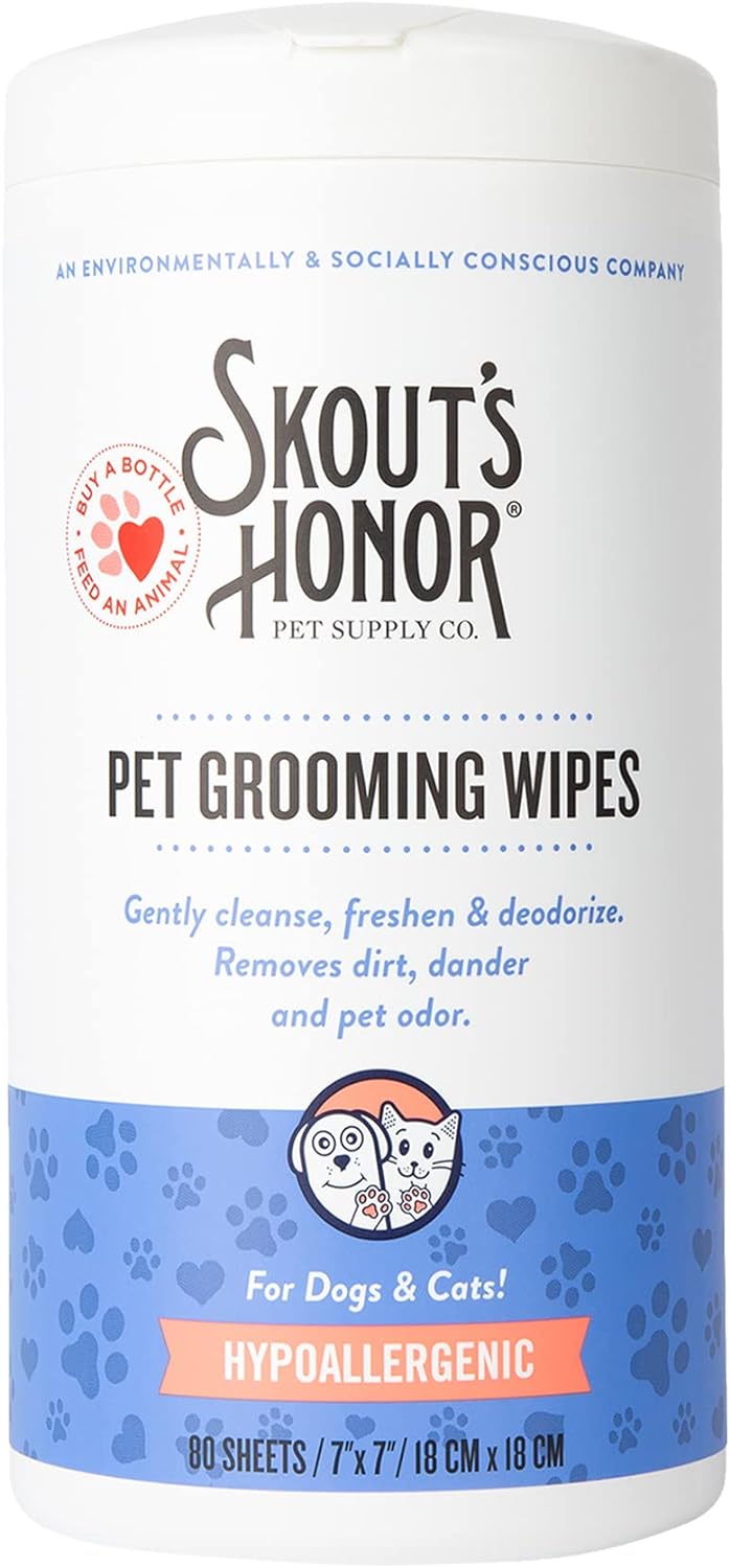SKOUT'S HONOR Pet Grooming Wipes for Dogs and Cats - Deodorizing, Plant-Based, Biodegradable, Fragrance-Free - for Paws, Faces, Skin Folds & Bums, 80 Count