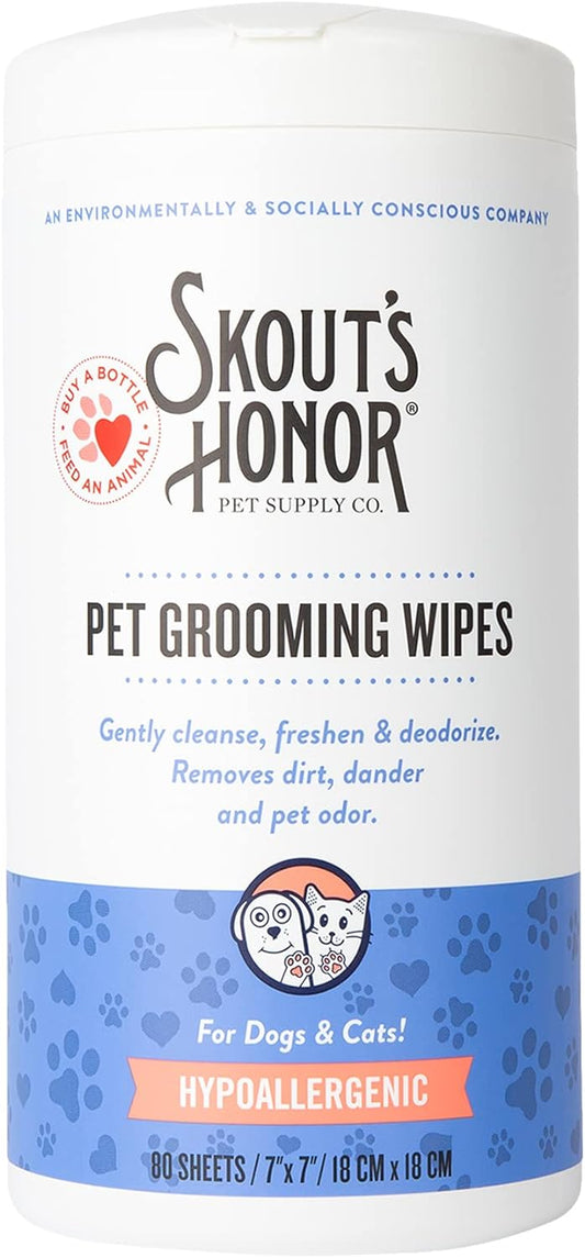 SKOUT'S HONOR Pet Grooming Wipes for Dogs and Cats - Deodorizing, Plant-Based, Biodegradable, Fragrance-Free - for Paws, Faces, Skin Folds & Bums, 80 Count