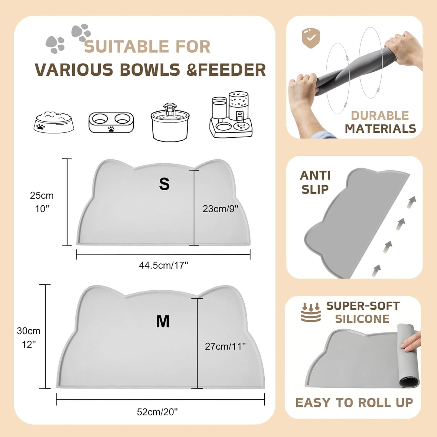 Cat Food Mat, Silicone Pet Feeding Mat for Floor Non-Slip Waterproof Dog Water Bowl Tray Cushion (17" x 10", Stone Blue)