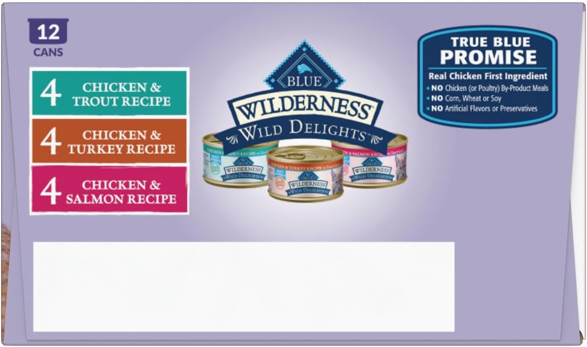 Blue Buffalo Wilderness Wild Delights High Protein Grain Free, Natural Adult Meaty Morsels Wet Cat Food, Ⲥhicken & Turkey, 𝙲hicken & Trout, 𝐂hicken & Salmon 3-oz cans (12 count - 4 of Each Flavor)