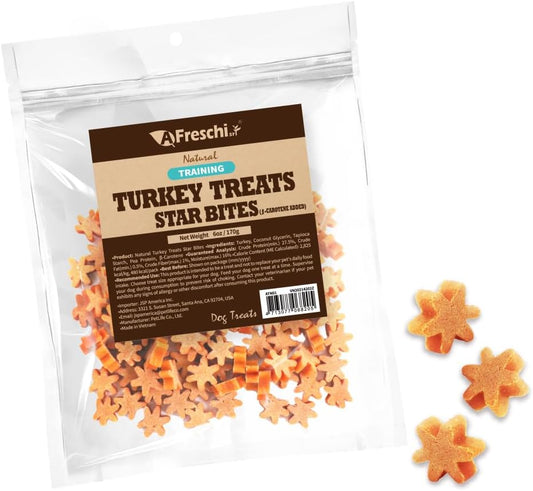 AFreschi Natural Turkey Treats Star Bites –6 oz, Hexagonal Shape, USA-Sourced Trukey, All-Natural, Hypoallergenic, Low-Fat, Healthy & Easily Digestible, Puppy & Training Snack & Small Dogs