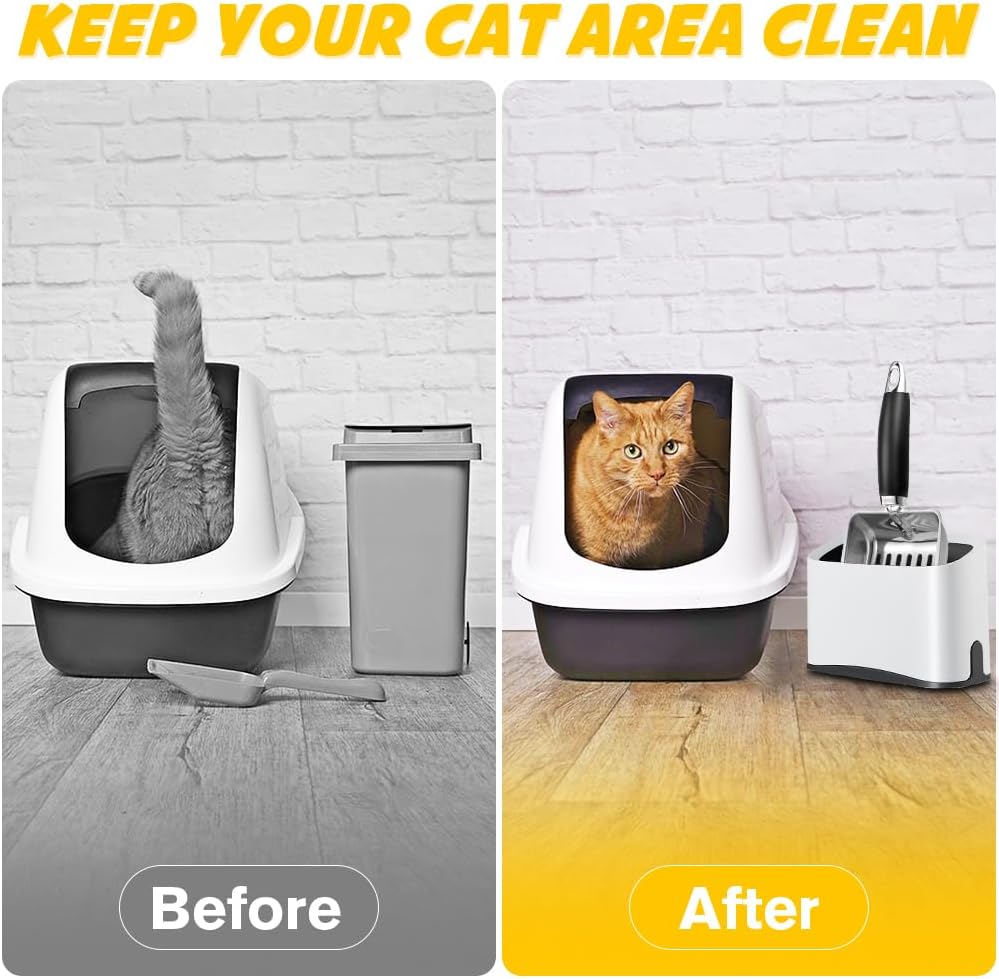 Cat Litter Scooper with Holder, Stainless Steel Cat Litter Scoop, Kitty Poop Scooper Stand for Litter Box, Cat Caddy for Litter Scoop, Fast Sifting Kitty Poop Scooper Caddy Poop Scooper Stand